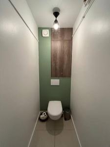 a bathroom with a white toilet in a green wall at GÎTES Maisons de Champagnes in Reims
