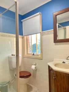 a bathroom with a toilet and a sink and a window at Oasis 5 Bedroom Charming House in Sydney