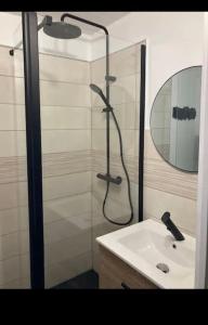La salle de bains est pourvue d'une douche, d'un lavabo et d'un miroir. dans l'établissement Studio centre-ville, à Montceau-les-Mines
