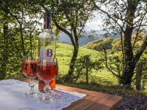 two glasses of wine sitting on a table with a bottle at Siabod Huts in Betws-y-coed