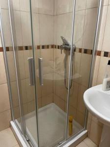 a shower with a glass door next to a sink at De la nieve y de montaña in Valdelinares