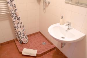 a bathroom with a sink and a shower curtain at Gościniec Koćmierzów in Sandomierz +82 photos