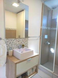 a bathroom with a sink and a shower at Salto Chico Apart. in Salto