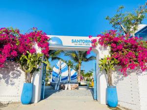 um portão com vasos azuis cheios de flores rosas em Santorini Villa Cam Ranh em Cam Ranh