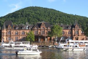 Eine Gruppe von Booten im Wasser vor einem großen Gebäude in der Unterkunft Hotel Leo Mühlhausen in Mühlhausen