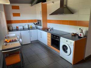 a kitchen with a washing machine and a stove at Apartamentos Los Tojos in Colsa