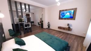 1 dormitorio con 1 cama y TV en la pared en Bizi House Accommodation en Drobeta-Turnu Severin