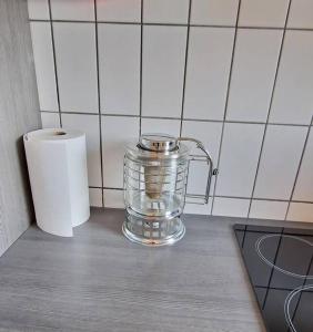 a glass blender on a counter next to a roll of paper towels at Luna City-Suite 80qm 2 Zimmer 2 Bäder 20km Messe Airport in Krefeld