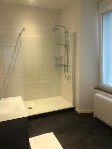 a bathroom with a glass shower and a sink at Hotel Schwaferts in Wuppertal