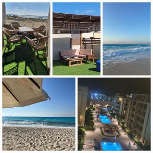 a collage of pictures of the beach and buildings at جراند هيلز الساحل الشمالي Grand Hills North Coast شالية فندقي كود H047 in Dawwār ‘Abd Allāh