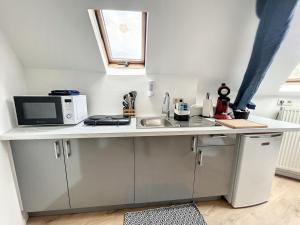 a small kitchen with a sink and a microwave at Station 173 E Bruxelles-Charleroi-airport in Charleroi
