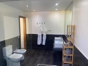 a bathroom with a toilet and a sink and a mirror at SUNNY CARMELITO DELUXE in Mogán
