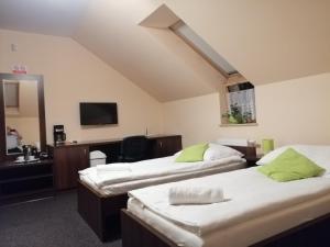 Pokój z 2 łóżkami, umywalką i lustrem w obiekcie Pokoje Gościnne z łazienkami w Niepołomicach
