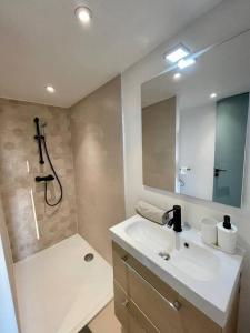 W łazience znajduje się umywalka, prysznic i lustro. w obiekcie L'Aixtra ! Cosy en centre ville historique d'Aix w Aix-en-Provence