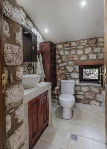 a stone bathroom with a toilet and a sink at Petronas Land House 2 in Archangelos