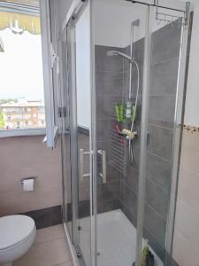 La salle de bains est pourvue d'une douche en verre et de toilettes. dans l'établissement San Donato apartment, à Florence