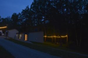 a house with lights on the side of it at night at Tylawa - Domki w Beskidzie Niskim in Tylawa