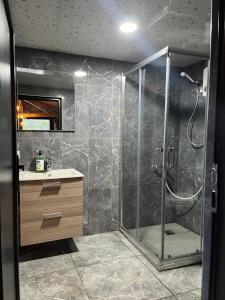 bagno con doccia, lavandino e specchio di Olympos Ceratonia Dağ evi a Kumluca