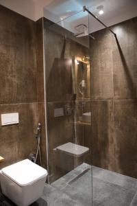 La salle de bains est pourvue de toilettes et d'une douche en verre. dans l'établissement Sofra Kolonjare, à Ersekë