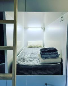 Ce lit superposé se trouve dans un dortoir avec une échelle. dans l'établissement Hostel La Casa Dilijan, à Dilidjan