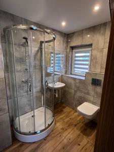 a bathroom with a shower and a toilet and a sink at Zakręt Solina BALIA SPA RELAKS 537-791-246 in Solina