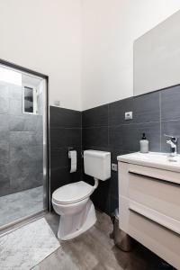 a bathroom with a toilet and a sink and a shower at Aviator luxury apartment in the city center in Budapest +34 photos