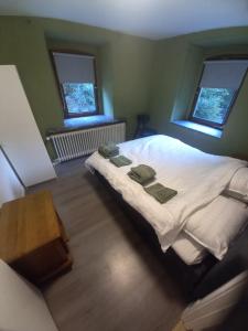 een slaapkamer met een bed met twee groene handdoeken erop bij joseph in Monschau