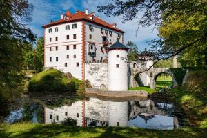 a castle with a reflection in the water at Cherry house - cosy house - ideal for bear watching, in the neighborhood of the medieval Snežnik castle in Stari Trg pri Ložu