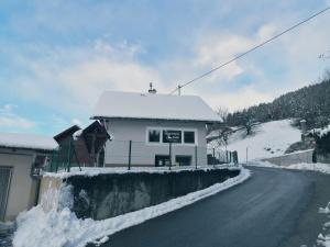 a house with snow on the side of a road at Apartments Zwigl in Flattach