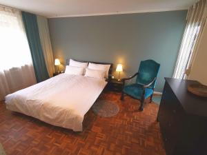 sypialnia z łóżkiem i niebieskim krzesłem w obiekcie Haus am Bodensee w mieście Fußach