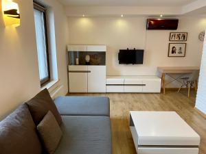 ein Wohnzimmer mit einem Sofa und einem TV in der Unterkunft Apartamenty Centrum in Kędzierzyn-Koźle
