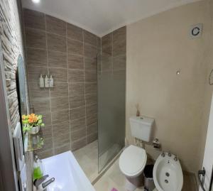a bathroom with a toilet and a shower and a sink at Departamento de La Nonna in Posadas +41 photos