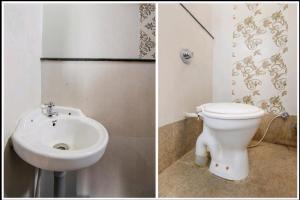 two pictures of a bathroom with a toilet and a sink at New natraj in Chikalda
