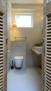 a bathroom with a toilet and a sink and a window at bij DE RODE DEUR in Meppel +16 photos