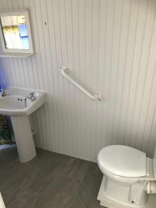 a white bathroom with a toilet and a sink at Brigid M’s Farm House in Killashandra