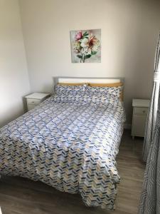 a bedroom with a bed with a blue and white comforter at Brigid M’s Farm House in Killashandra
