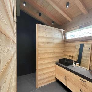 a bathroom with a sink and a wooden wall at Chalet Skidh - 10 personnes - emplacement idéal au centre de Vaujany in Vaujany