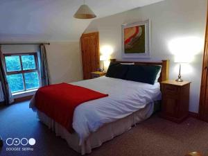a bedroom with a large bed with a red blanket at Bluebell lake house in Enniskillen