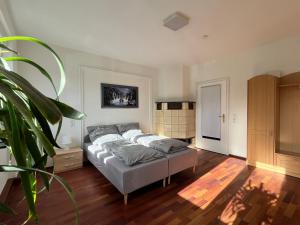 een slaapkamer met een bed en een potplant bij Gästezimmer Limburg City in Limburg an der Lahn