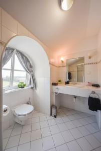 a bathroom with a toilet and a sink and a mirror at Kaštieľ Sokoľany 