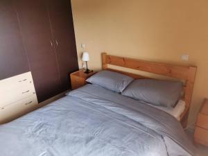 a bedroom with a large bed with a wooden headboard at Cozy Nook Cottage in Faneroméni