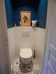 a bathroom with a white toilet in a blue wall at DOMAINE DU GOLF LACANAU Maison 3 ch, piscine 500 m², Golf, proche océan in Lacanau