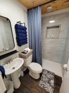 a bathroom with a white toilet and a sink at Camp St. Cabanas Unit 3 on Lake Dora in Tavares