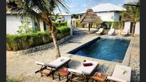 a pool with chairs and a palm tree next to a house at L’oiseau du Paradis in Nosy Be