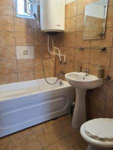 a bathroom with a tub and a sink and a toilet at Cabana Maly in Petroşani