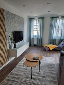 a living room with a couch and a tv at Blick zum Brückentor in Traben-Trarbach