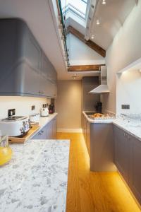 cocina con armarios grises y tragaluz en 1 Castle Mews, en Dartmouth