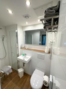 W łazience znajduje się toaleta, umywalka i prysznic. w obiekcie Hotel Sonnenhof Garni w mieście Bad Herrenalb