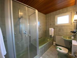 a bathroom with a shower and a tub and a sink at Vali‘s Apartment One in Dettingen an der Erms