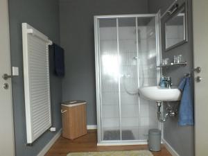 La salle de bains est pourvue d'une douche et d'un lavabo. dans l'établissement Fewo Augusta, à Tangermünde